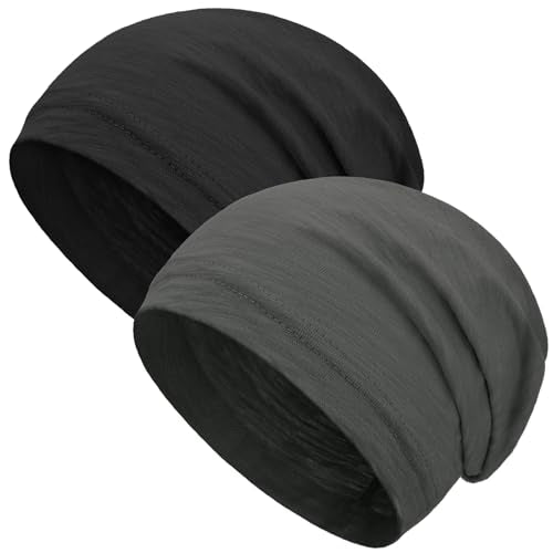 100% Cotton Summer Beanie for Men Women, Thin Soft Slouchy Beanies - color: 2pcs Black+dark Gray, size: Medium