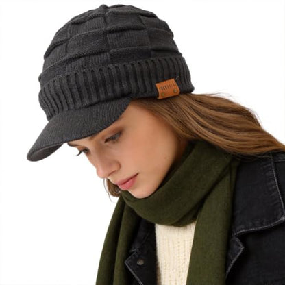 Ruphedy Mens Beanie with Brim Winter Hat Knitted Thick Fleece Visor Beanie - color: B322-grey