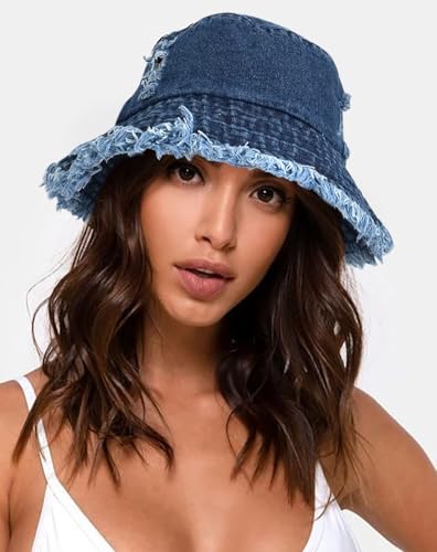 Denim Bucket Hat for Women Ripped Sun Hat Outdoor Cap - color: Dark Blue