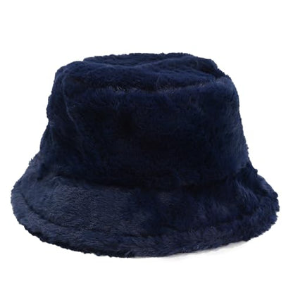 Umeepar Winter Faux Fur Fuzzy Bucket Hat Fluffy Warm Hat for Women Men - color: Plain Dark Blue