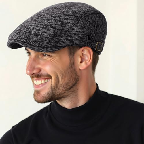 Senker Fashion 2 Pack Newsboy Cap for Men, Wool Blend Tweed Flat Cap - color: Black Green