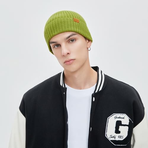 100% Merino Wool Fisherman Beanie Hat, Unisex Warm Winter Hats, Soft Breathable Knitted Short Cuffed Cap - color: Lemon Green
