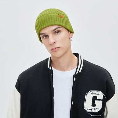 100% Merino Wool Fisherman Beanie Hat, Unisex Warm Winter Hats, Soft Breathable Knitted Short Cuffed Cap - color: Lemon Green