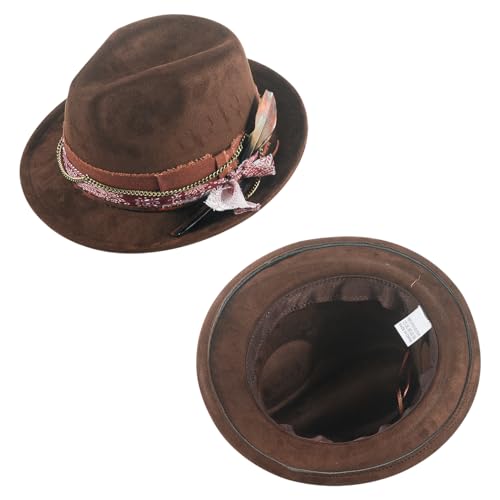 Fedora Trilby Hats for Men Women Handmade 1920s Classic Short Brim Hat with Feathers Unisex - color: Brown