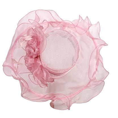 Women Oganza Sun Hat Church Wide Brim Wedding Formal Fascinator Hat - color: Pink