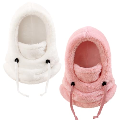 Kids Winter Fleece Hats Child Balaclava Ski Mask Windproof Warm Hat for Boy Girl - color: White & Pink 2pcs