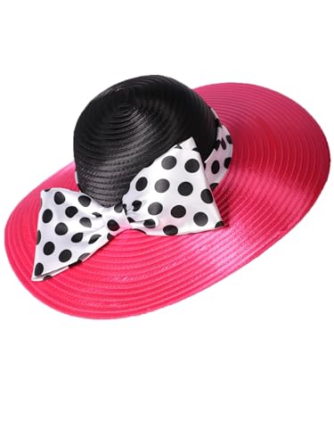 Women Wide Brim Rose Black Patchwork Kentucky Hat for Wedding Party Hat Big Bowknot Polka Dots Fedora Hats - color: Rose