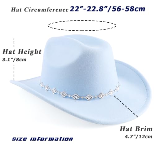 DRESHOW Women's Western Cowboy Hat Rhinestone Cowboy Cowgirl Hat Glitter Wide Brim Felt Fedora Hats Unisex Rolled up Caps - color: 1 Pack Style 11: Sky Blue