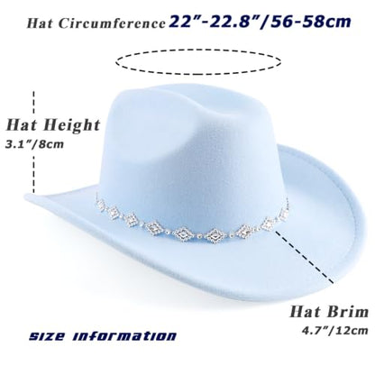 DRESHOW Women's Western Cowboy Hat Rhinestone Cowboy Cowgirl Hat Glitter Wide Brim Felt Fedora Hats Unisex Rolled up Caps - color: 1 Pack Style 11: Sky Blue