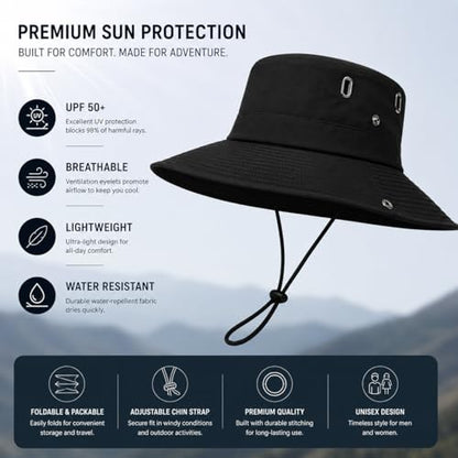 AVYZA CO. Wide Brim Sun Hat for Men & Women UPF 50+ Lightweight Waterproof Hat for Fishing & Hiking - color: Black