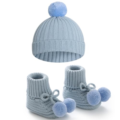 Baby Hats and Booties Set Newborn Knit Pompom Beanie Caps Shoes Winter - color: Blue