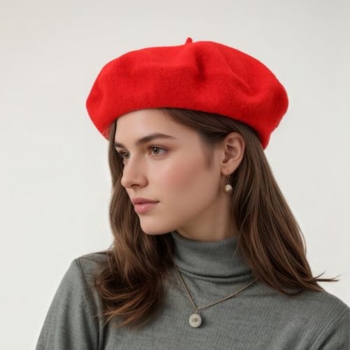 Women's Wool Beret: 70% Wool French Hat for Daily, Lightweight & Chic Berets for Women - color: Red