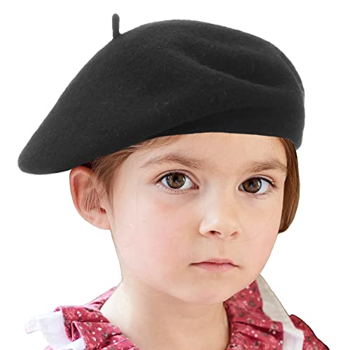 Wheebo Berets for Kids Wool French Beret Hats Artist Painter Hats for Little Girls Boys Solid Color Style - color: Black
