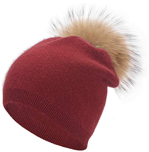 Women's Double Layer Winter Slouchy Knit Beanie Hat with Real Fur Pom Pom - color: Red