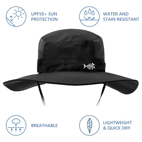BASSDASH UPF 50+ Fishing Sun Hat Water Resistant Unisex Wide Brim Bucket Boonie Hat for Hiking Camping Safari FH15 - color: Black, size: Medium