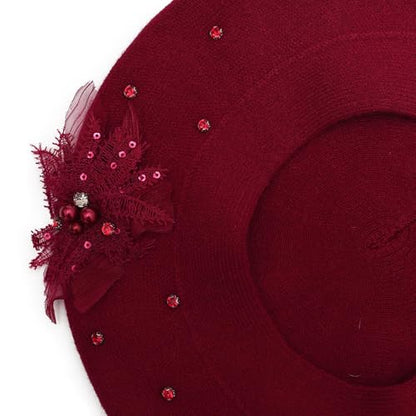 ZLYC Women French Beret Hat Reversible Solid Color Mosaic Warm Artist Cap - color: Bead Flower Burgundy