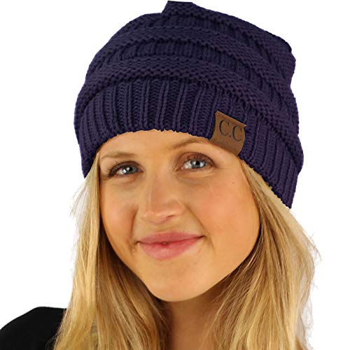 CC Classic Winter Fall Trendy Chunky Stretchy Cable Knit Beanie Hat - color: Solid Navy