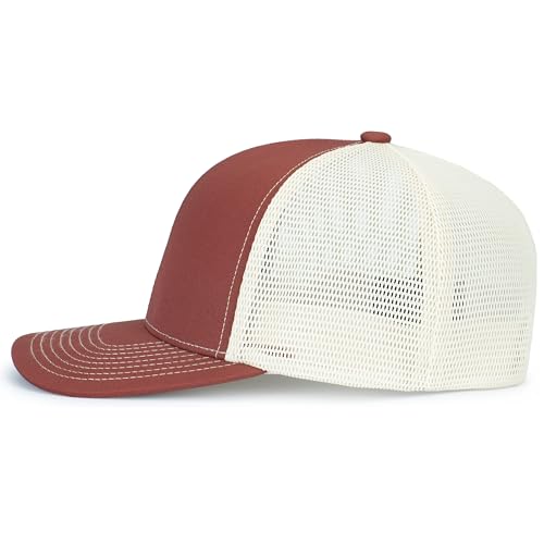 Pacific Headwear Contrast Stitch Trucker Pacflex Snapback Cap - color: Brick/Beige/Brick
