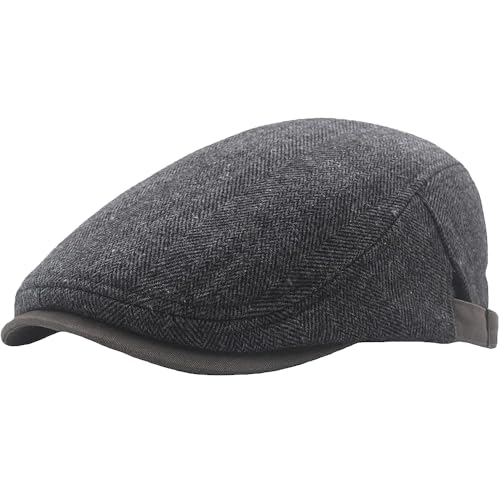 Mens Herringbone Tweed Newsboy Cap Flat Ivy Gatsby Hat Adjustable Cabbie Cap for Women - color: Dark Grey