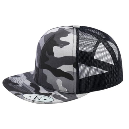 DT-118 Blank 6-Panel Flat-Bill Snapback Trucker Hat - color: Black Camo and Black T6f-bcm-b