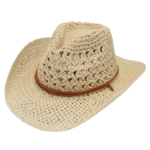 Women/Men Straw Cowboy Hat Wide Brim Sun Beach Cowgirl Hat Summer Western Cowboy for Travel Outdoor Family - color: Beige