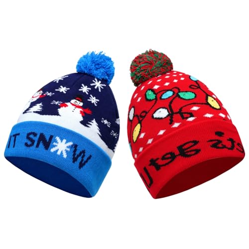 Christmas Hat 2 Pack Light Up Knitted Beanie Hat Xmas Santa Holiday Cap LED Lights - color: Blue+red