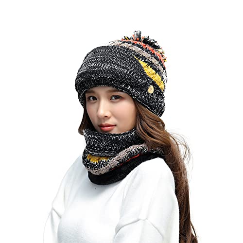 Ypser Women's Winter Warm Knitted Crochet Hat Fleece Lined Cable Faux Fur Pom Pom Beanie Hat Skull Cap - color: Black 3 Pcs Set (Hat & Scarf & Face Mask)