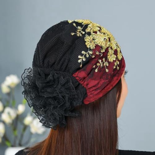 haozaikeji Women Flower Turban Hat Rhinestones Muslim Islamic Head Wrap African Pearl Turban Soft Stretchy Head Cover - color: Red-gold