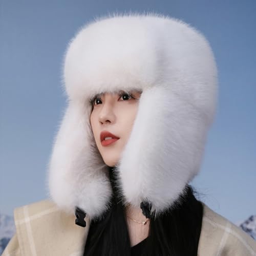 Women's Fluffy Trapper Hat, Long Pile Faux Fur Ushanka hat with Buckle, Luxurious Mink-Style Winter Warm Hat - color: White