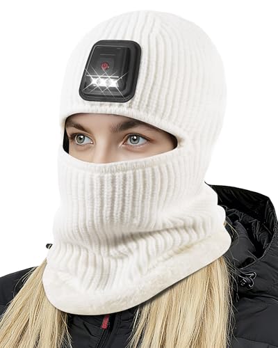 Winter Balaclava Knitted Ski Mask with LED Light - Fleece Lined Full Face Cover Windproof Snow Mask for Skiing, Motorcycling - color: White
