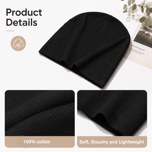 salbsever Summer Beanies, Cotton Beanie Black Beanie for Men Slouchy Beanies Ultra-Soft Cuffed Knit Hat