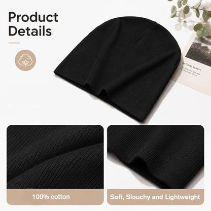 salbsever Summer Beanies, Cotton Beanie Black Beanie for Men Slouchy Beanies Ultra-Soft Cuffed Knit Hat