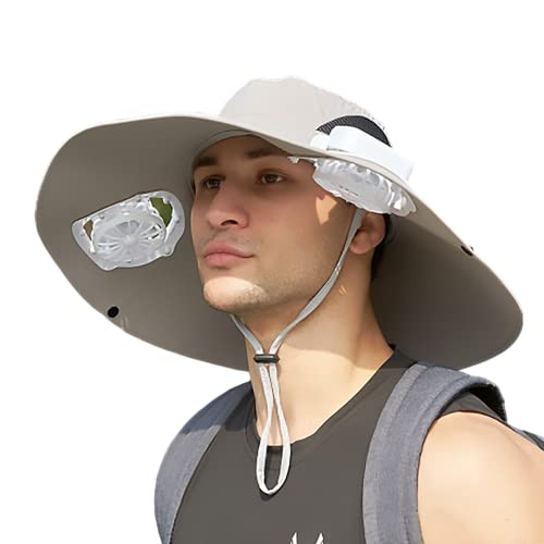 Mens Sun Hat with 2 Fan, Summer Cooling Wide Brim Bucket Hat, Beach Hat Garden Hat, Solar + USB Dual Power Supply - color: Grey 1#