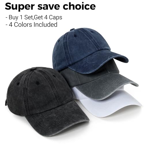 4 Packs Vintage Washed Distressed Baseball Cap Golf Dad Hat for Men Women - color: Black + Navy Blue + Gray + White