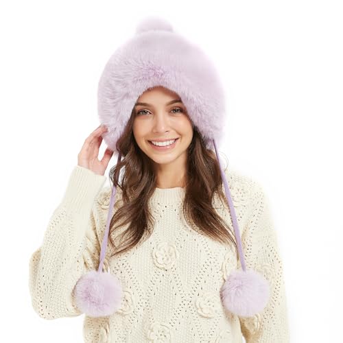 Winter Hats Cute Kint Hat Russian Fur Crochet Hat Slouchy Beanies with Pompom Warm Fuzzy Snow Cap Trapper Hat for Women - color: Light Purple