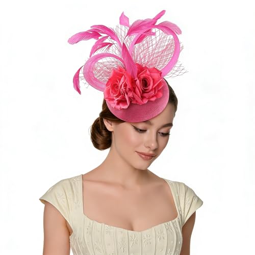Fascinators Hat for Women Tea Party Headband Wedding Cocktail Flower Mesh Feathers Hair Clip(Rosered) - color: Rosered