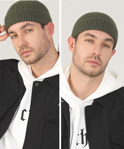 Heniho Wool Fleece Lined Fisherman Beanie for Men, Winter Warm Hats Cuffed Knit Watch Cap Trawler Hat - color: 2pack K- Black&army Green