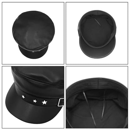 BOLLEY JOSS Womens Fashion Newsboy Cap Faux Leather Bakerboy Hat Stars Buckle Beret Paperboy Fiddler Captain Sailor Hats - color: Black
