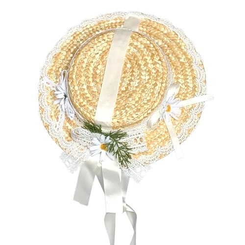 Victorian Tea Party Sun Hat, Wide Brim Straw Flat Cap - color: White