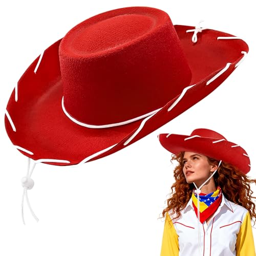 Cowgirl Hat,Western Cowboy Hats Wild West Classic Wide Brim Headwear for Men Women Halloween Cosplay,Themed Party - style: Red Cowgirl Hat With White Rope