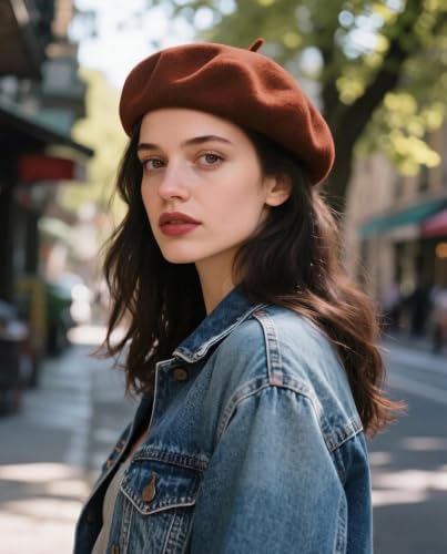 Wool French Beret Hats for Women Classic Winter Beanie Cap - color: Brown