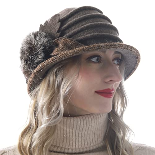 Women's Wool Dress Church Cloche Hat Bucket Winter Floral Hat - color: Brown