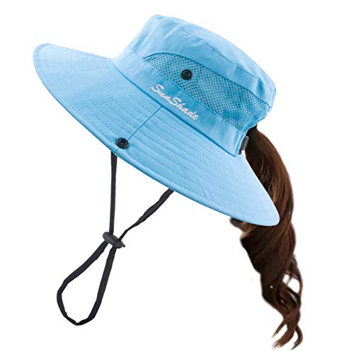 Muryobao Women's Ponytail Sun Hat UV Protection Foldable Mesh Wide Brim Beach Fishing Hat - color: Pure Sky Blue