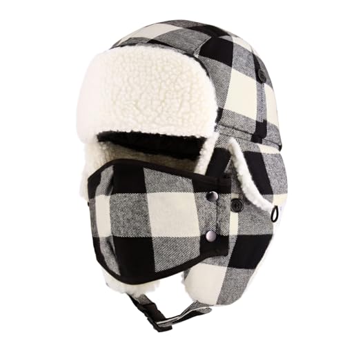 Buffalo Plaid Winter Trapper Hat, Sherpa Lined Ear Flap Hunting Cap Men - color: Buffalo Plaid (Black)