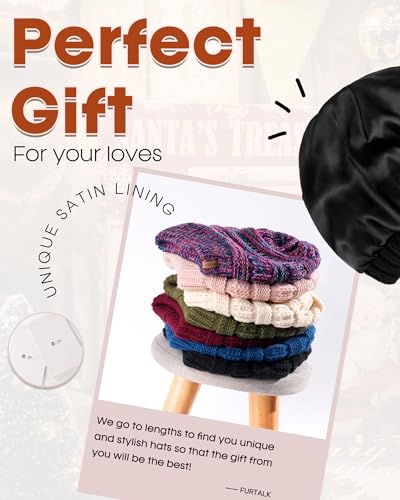 FURTALK Womens Satin Lined Knit Beanie Slouchy Winter Hat Soft Warm Cap - color: Black