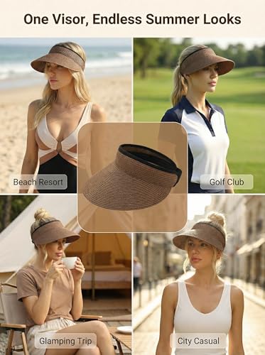 Sun Visor Hat for Women Summer Beach Vacation Essential Ponytail Friendly Travel Foldable Packable UPF 50+ - color: Brown
