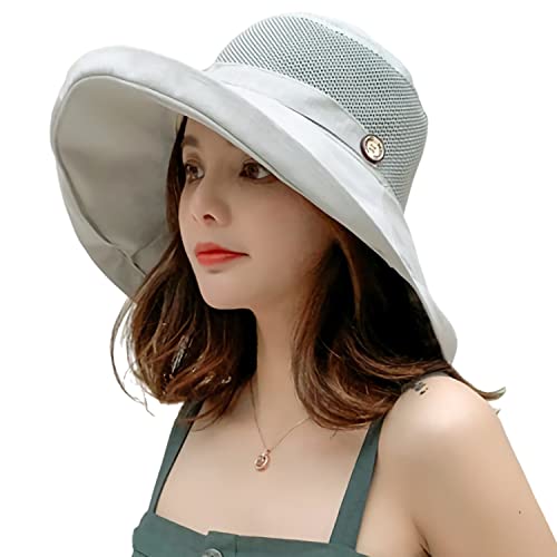 Women Wide Brim Sun Hats Metal Wired Edge Summer UV Protection Beach Fishing Hat for Hiking Garden Travel Chin Strap - color: B4-fyu001-lightgray, size: One Size