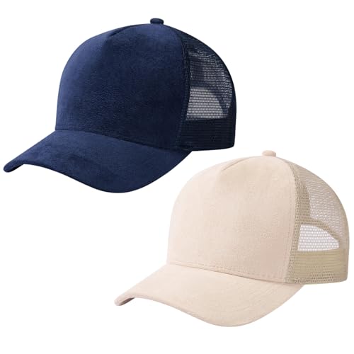 Suede Curved Brim Trucker Cap Adjustable Snapback Hat Mesh Back Breathable for Men Women 2 Pack SH03 - color: Pack of 2, Dark Blue & Bleached Sand