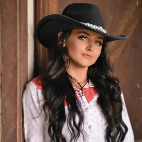 DRESHOW Western Cowboy Hat for Women and Men Wide Brim Glitter Cowboy Cowgirl Hat with Rhinestone Felt Fedora Hats - color: 1 Pack Style 10: Black