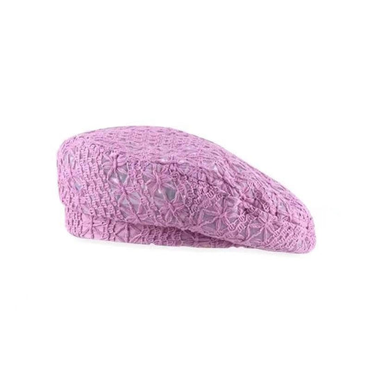 Women Lightweight Beret Floral Hollow Out Hat Breathable French Beret Beanie Hat Cap for Spring Summer - color: Purple(floral Lace Pattern 1#)